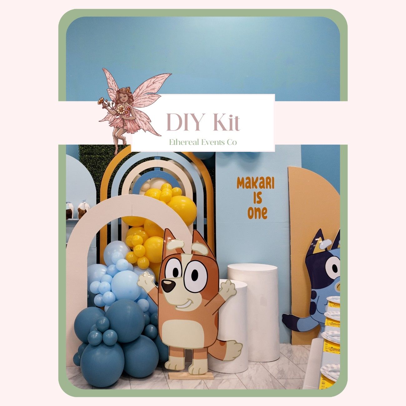 Decorative setup with cartoon character and balloons, featuring 'DIY Kit' branding.