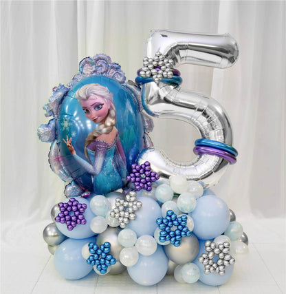 Balloon arrangement with Elsa from Frozen, number 5, and decorative balloons on a white background rhode island balloon decor