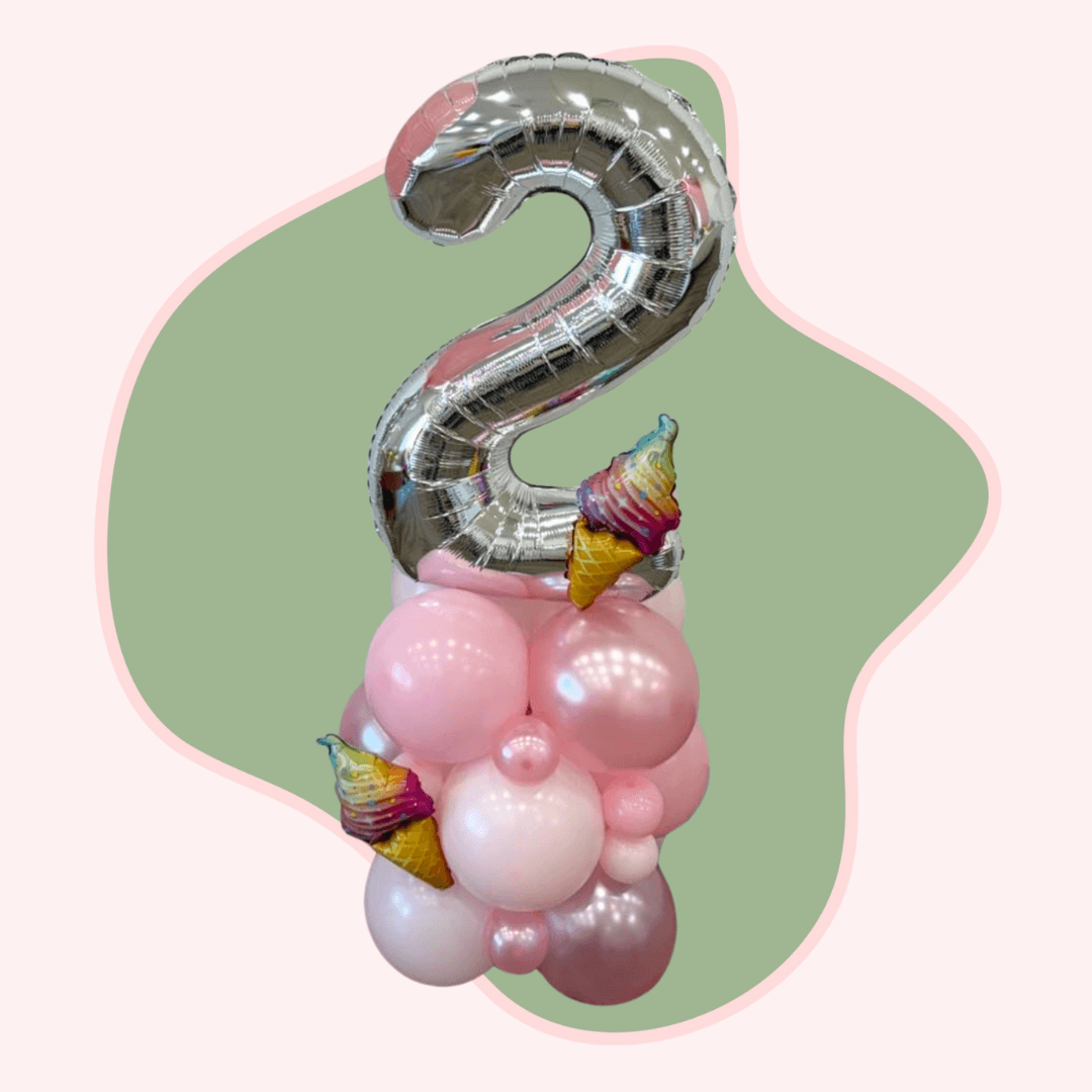 Silver number 2 balloon with pink and white balloons and ice cream rhode island