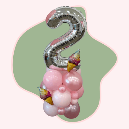 Silver number 2 balloon with pink and white balloons and ice cream rhode island