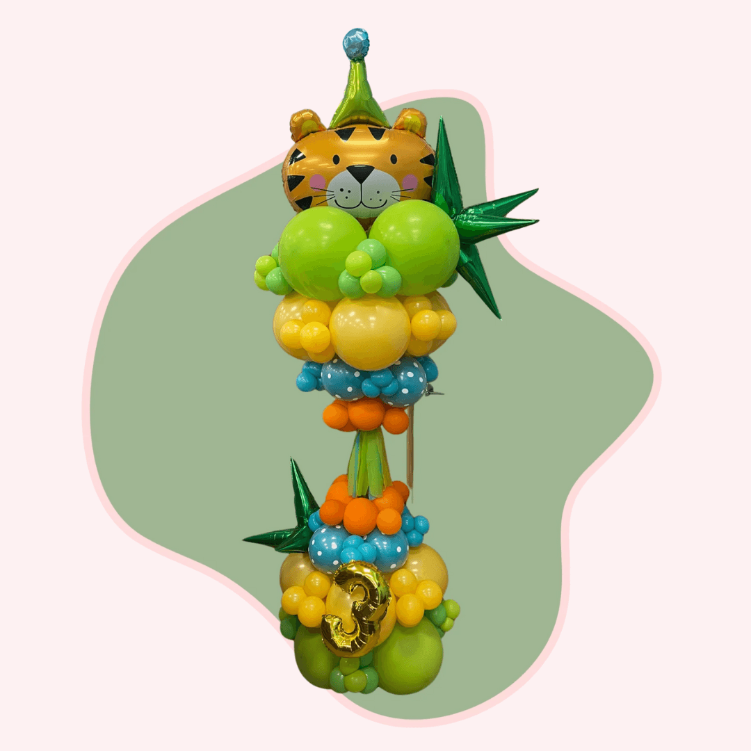 Balloon sculpture of a tiger character with colorful balloons on a white background